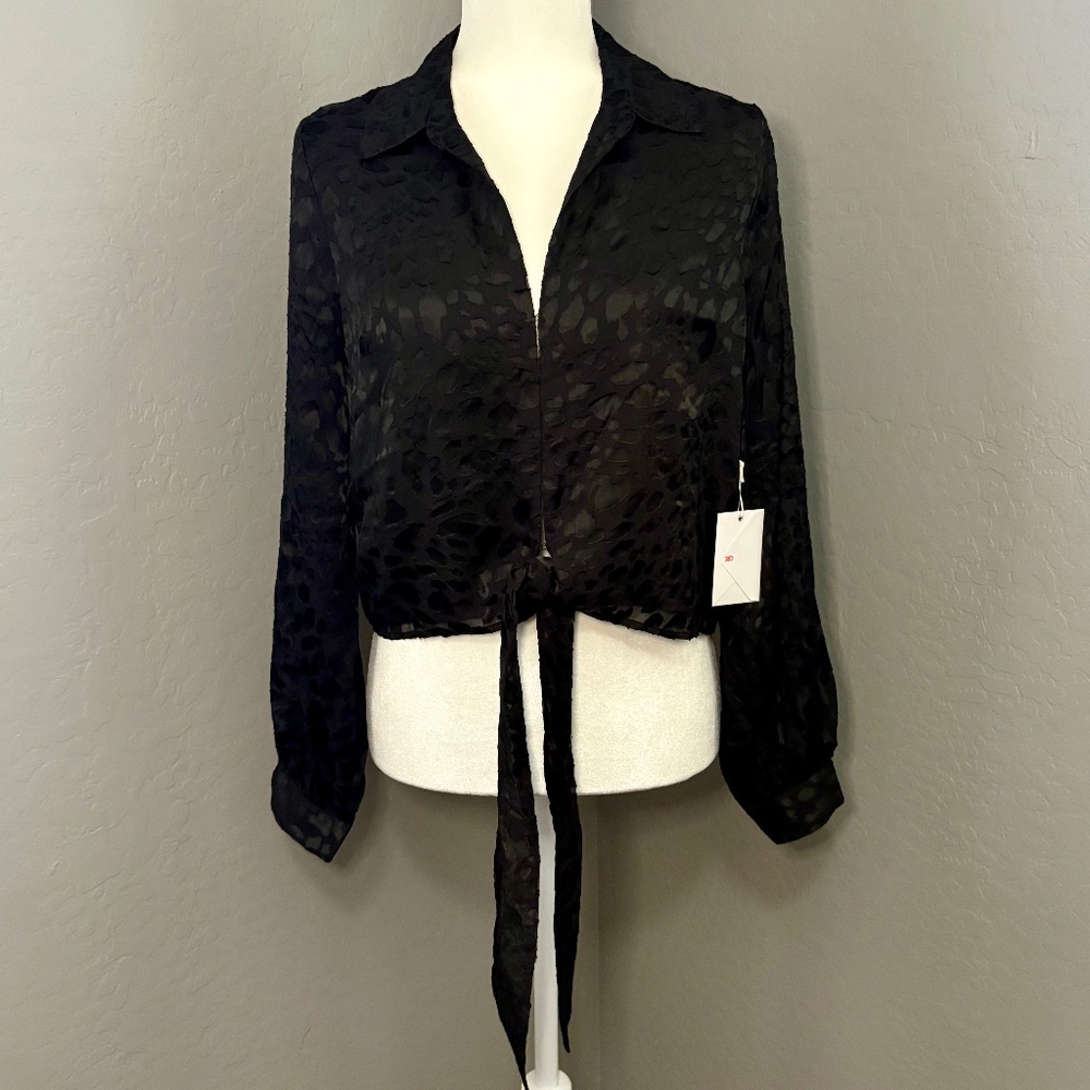 NWT Good American 2 (M) Long Sleeve Tie Front Black Leopard Burnout Blouse